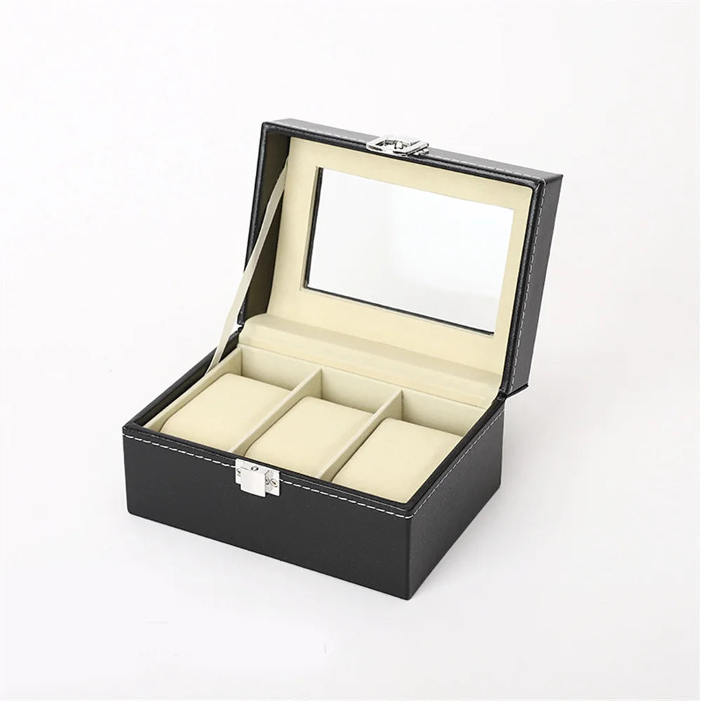 Boîte à Montres en Cuir — Rangement Montres Couvercle Transparent