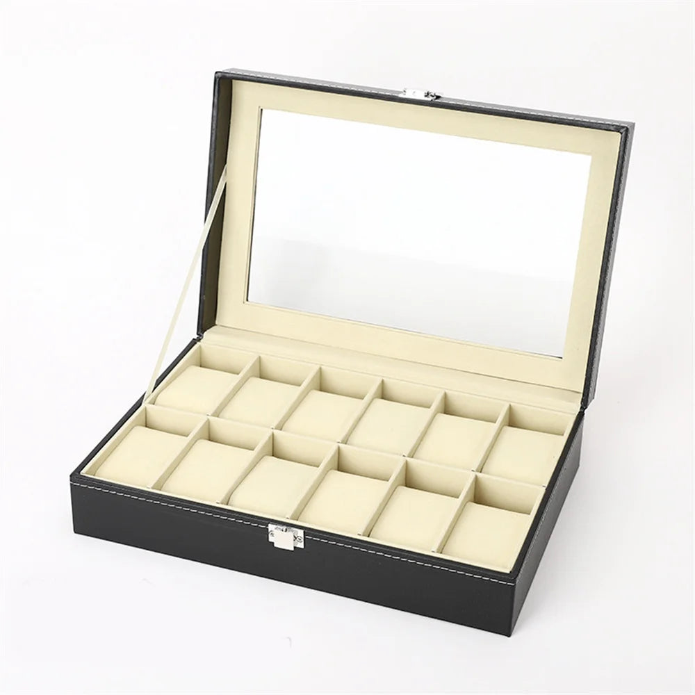 Boîte à Montres en Cuir — Rangement Montres Couvercle Transparent