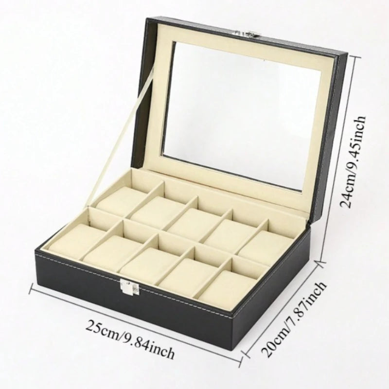 Boîte à Montres en Cuir — Rangement Montres Couvercle Transparent