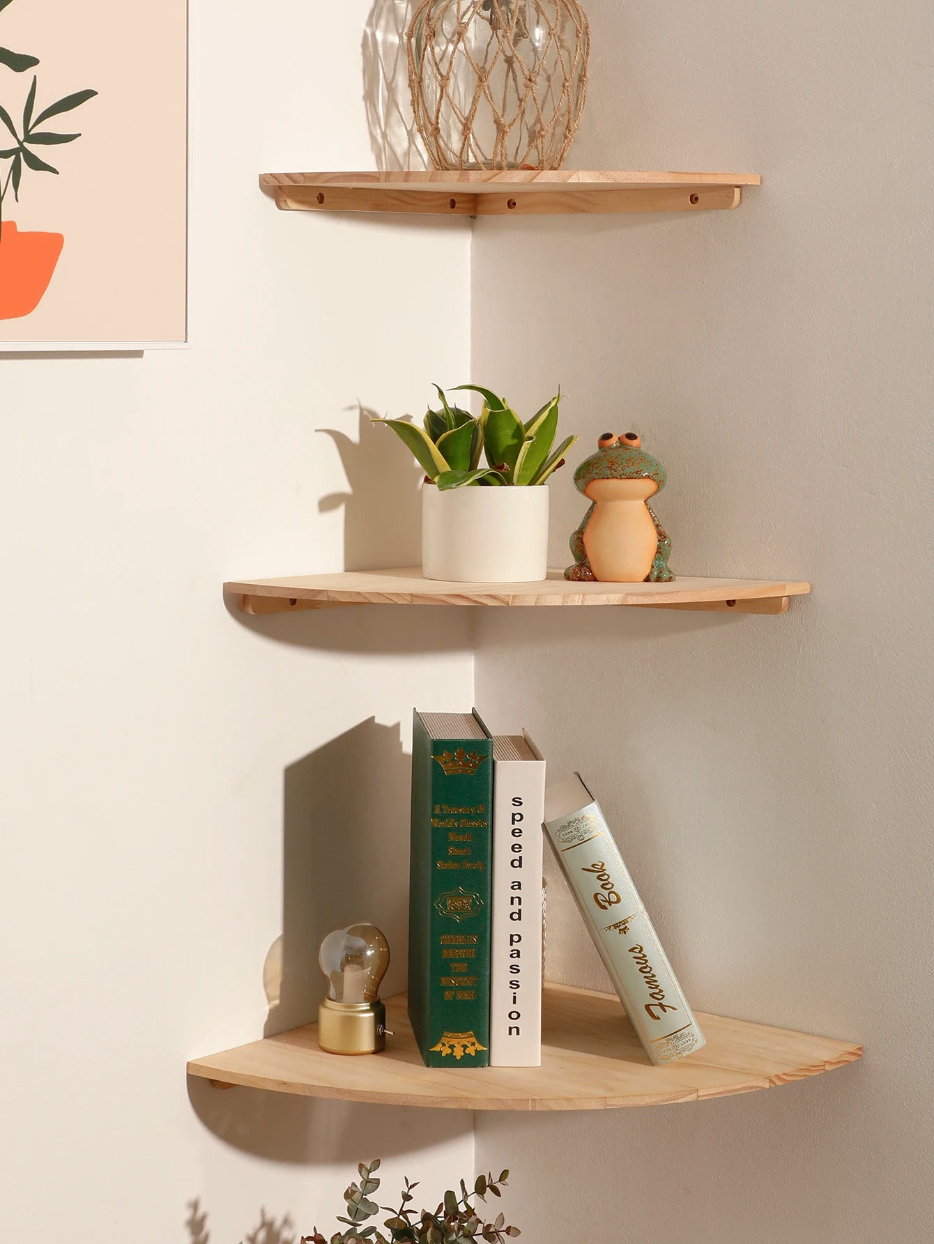 Étagère d'Angle Flottante en Bois — Salon, Chambre & Cuisine
