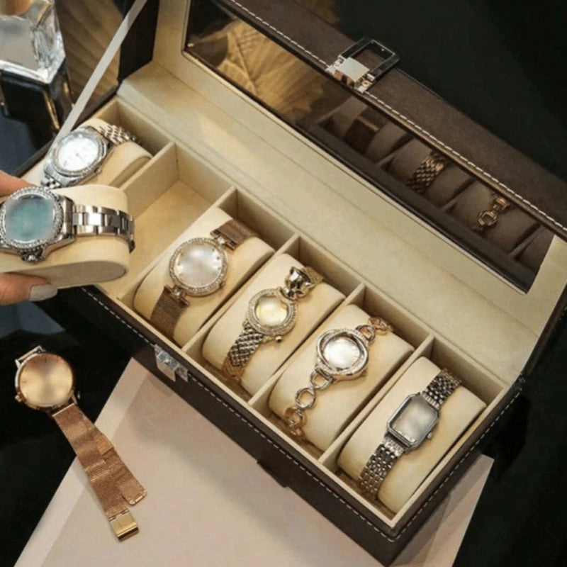 Boîte à Montres en Cuir — Rangement Montres Couvercle Transparent