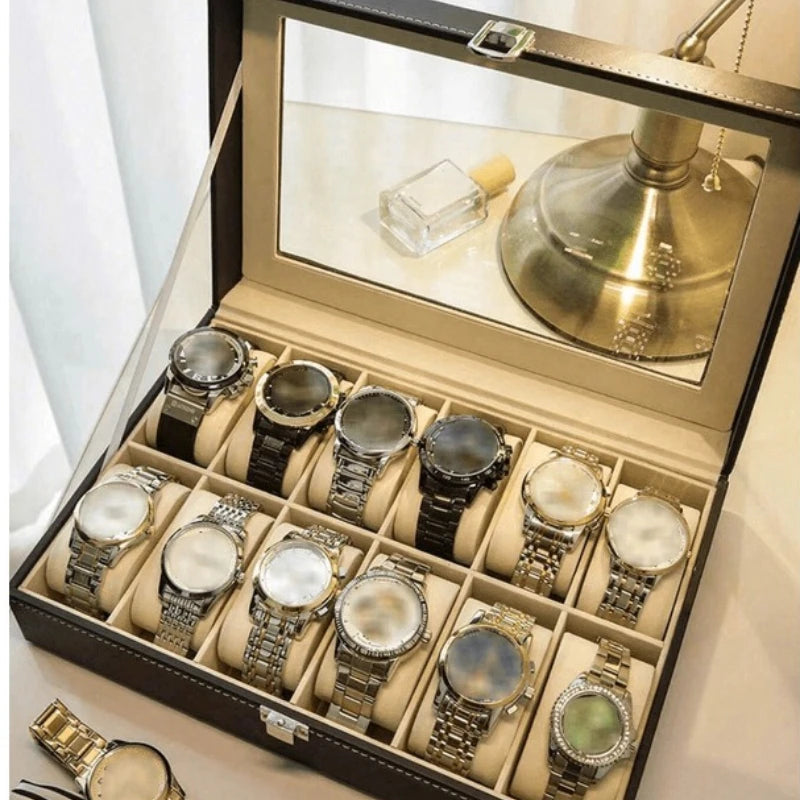 Boîte à Montres en Cuir — Rangement Montres Couvercle Transparent
