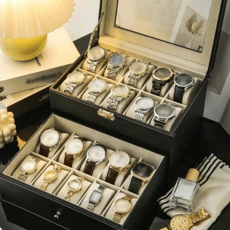 Boîte à Montres en Cuir — Rangement Montres Couvercle Transparent