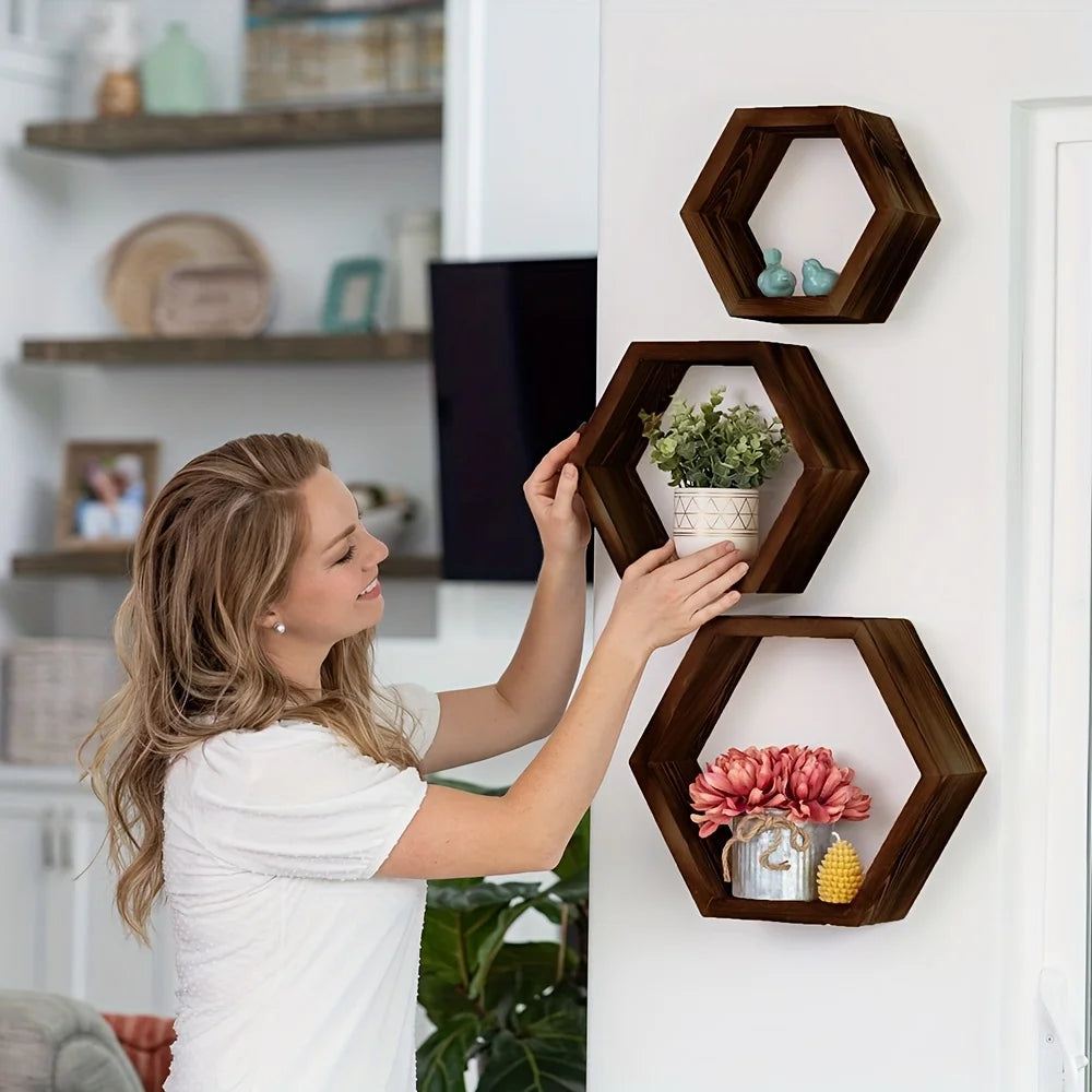 Étagère Murale Hexagonale Flottante — Salle de Bain & Chambre