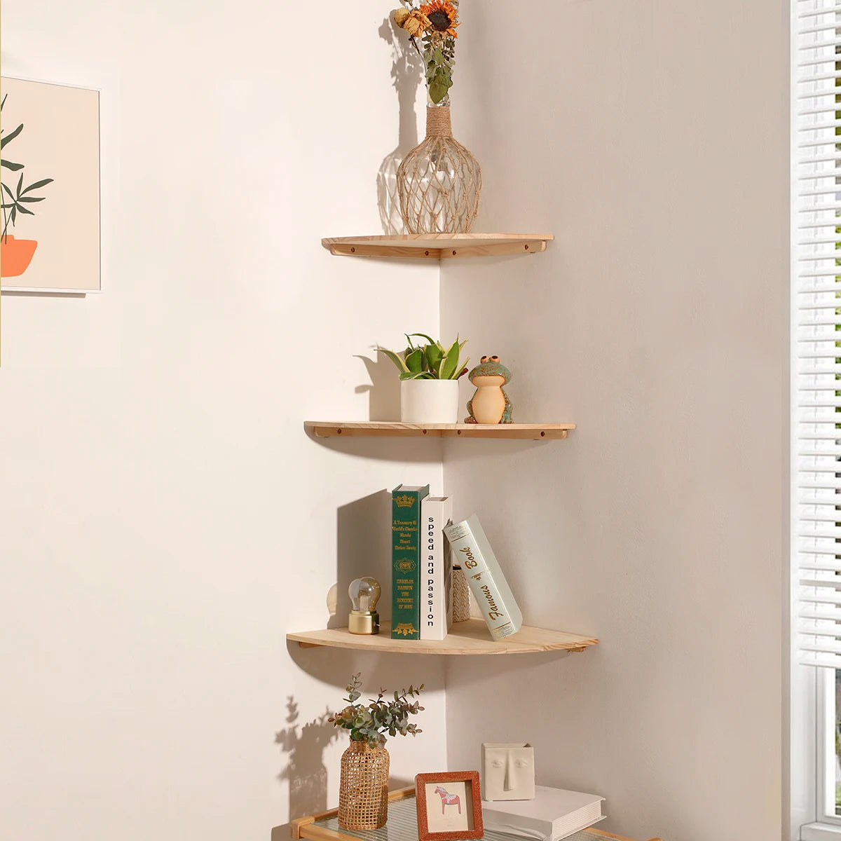 Étagère d'Angle Flottante en Bois — Salon, Chambre & Cuisine