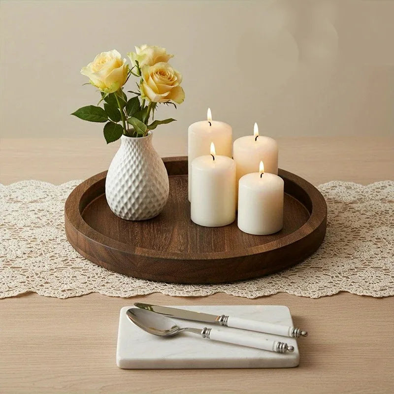 Plateau Rond Rustique en Bois — Présentoir Bougies & Vases Déco