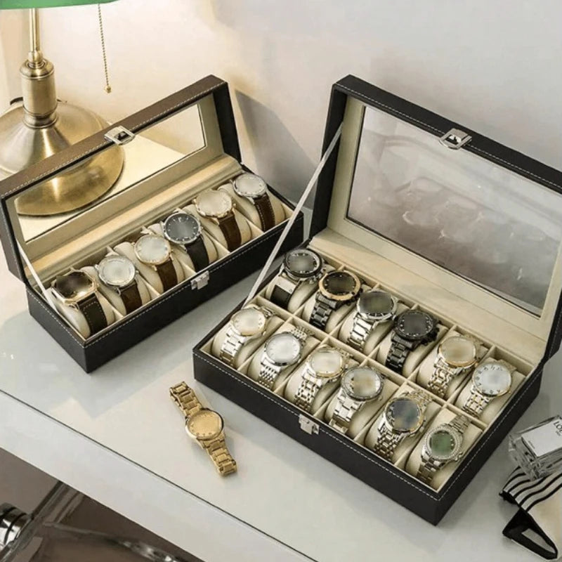 Boîte à Montres en Cuir — Rangement Montres Couvercle Transparent
