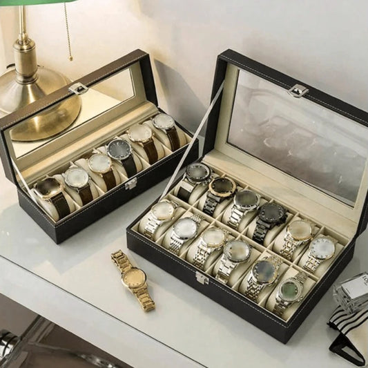 Boîte à Montres en Cuir — Rangement Montres Couvercle Transparent