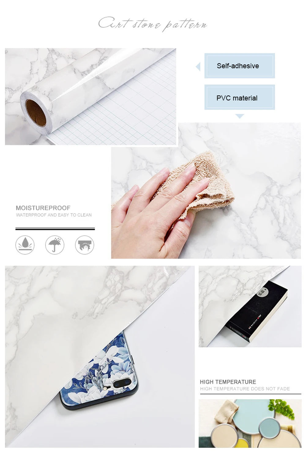 Papier Adhésif Marbre Imperméable — Revêtement Cuisine & Décoration