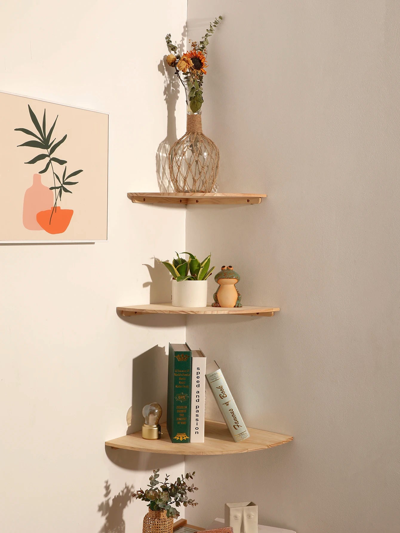 Étagère d'Angle Flottante en Bois — Salon, Chambre & Cuisine