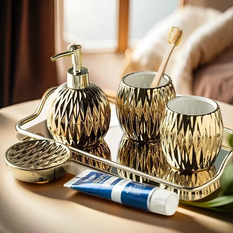 Distributeur Savon Doré avec Plateau Inox — Décoration Salle de Bain